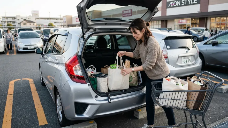 車のトランク付近にスマートキーを置き忘れそうな日本人女性