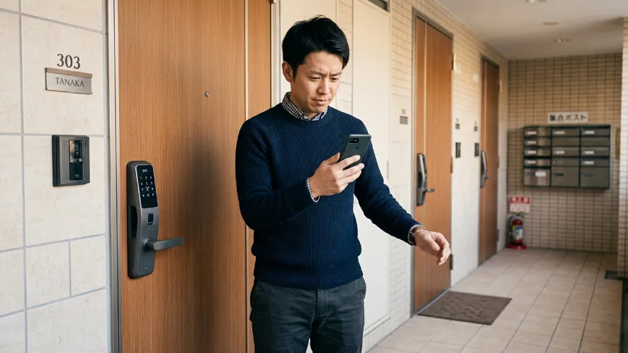 点
賃貸住宅の玄関前でスマートフォンを使ってスマートロックを操作する日本人男性
