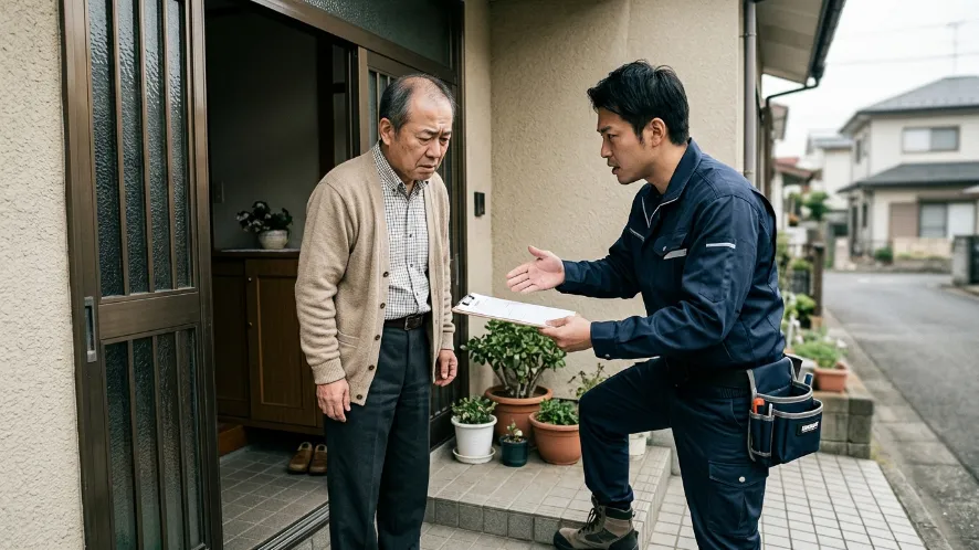 玄関前で鍵業者の説明に不安を感じる高齢男性