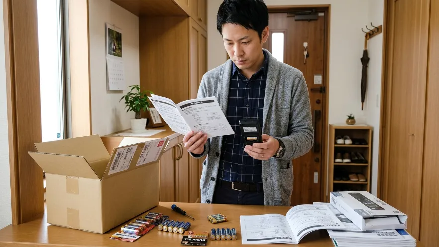 宅配ボックスの型番と説明書を確認して電池交換方法を調べる日本人男性