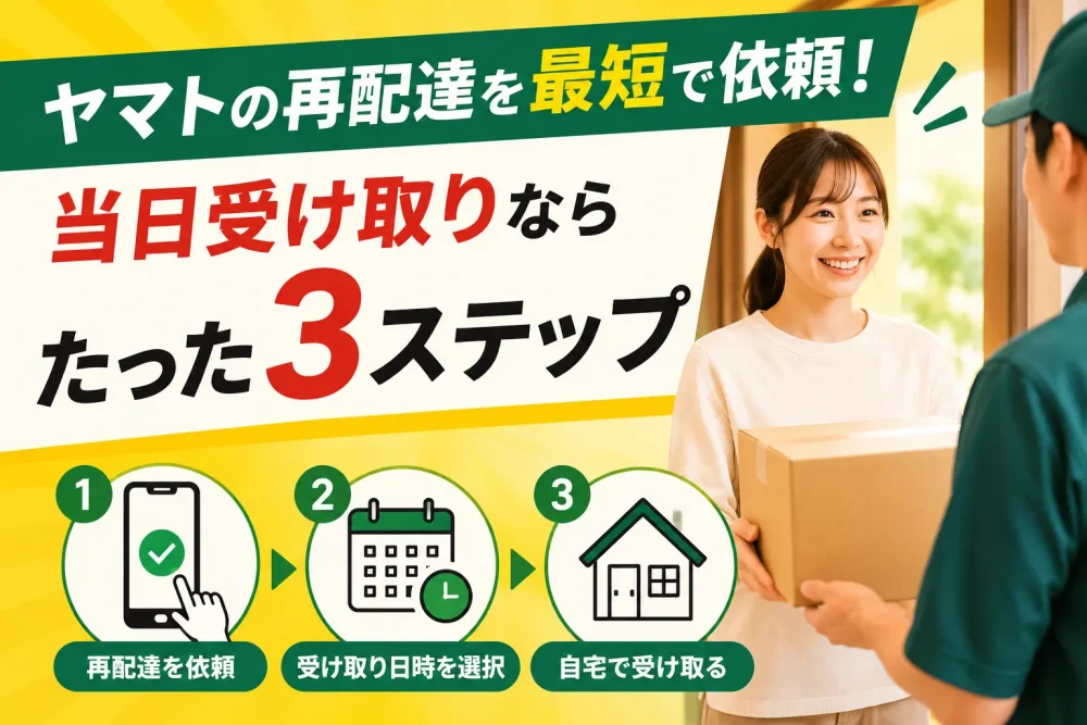 ヤマトの再配達を最短で依頼する3ステップを示したアイキャッチ画像