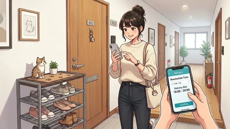スマホで配達日時を変更し荷物を受け取る女性のイメージ
