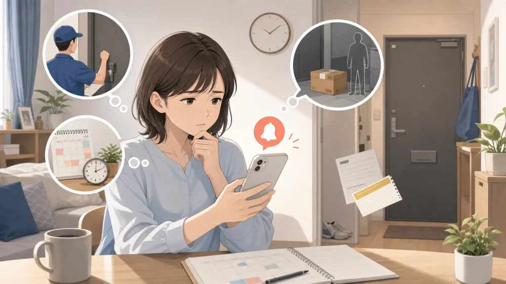 一人暮らしで宅配を受け取れず不在票や通知に悩む女性のイメージ