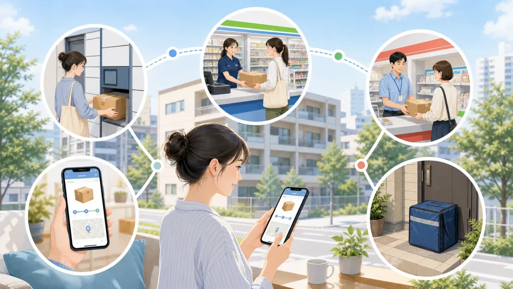 	公式アプリや宅配ロッカーなど一人暮らし向け宅配受取サービスのイメージ
