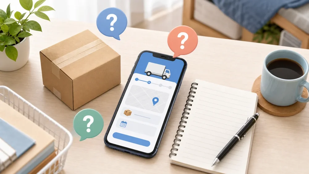 スマホと荷物を見ながら宅配受取の疑問を整理するイメージ