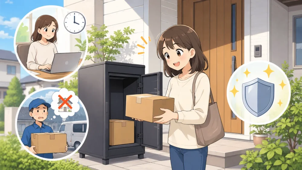 一軒家の玄関で宅配ボックスから荷物を受け取る女性のイラスト
