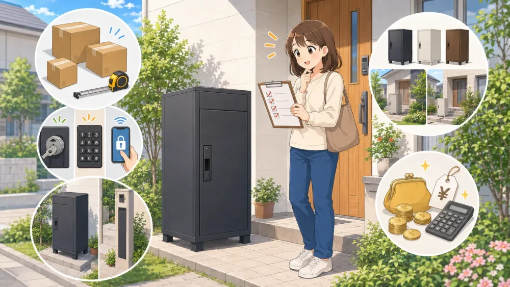 一軒家の玄関で宅配ボックスのサイズや施錠方式を選ぶ女性のイラスト