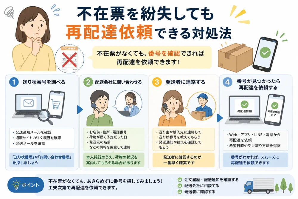 不在票を紛失した時に送り状番号を確認して再配達を依頼する方法の図解