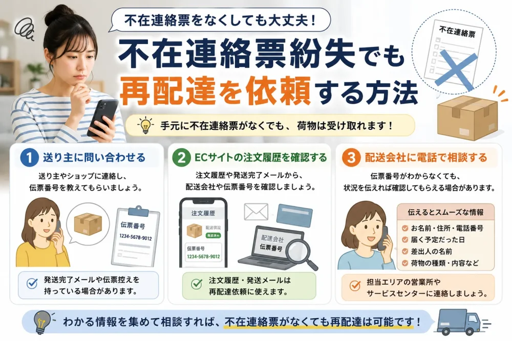 不在連絡票を紛失しても再配達を依頼する方法を説明する図解