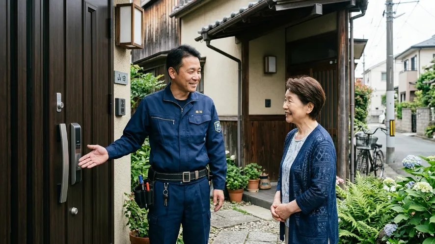 玄関前で鍵業者が住人女性に鍵の説明をしている様子