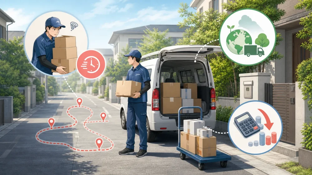 再配達によるドライバー負担や環境負荷を示す配送イメージ