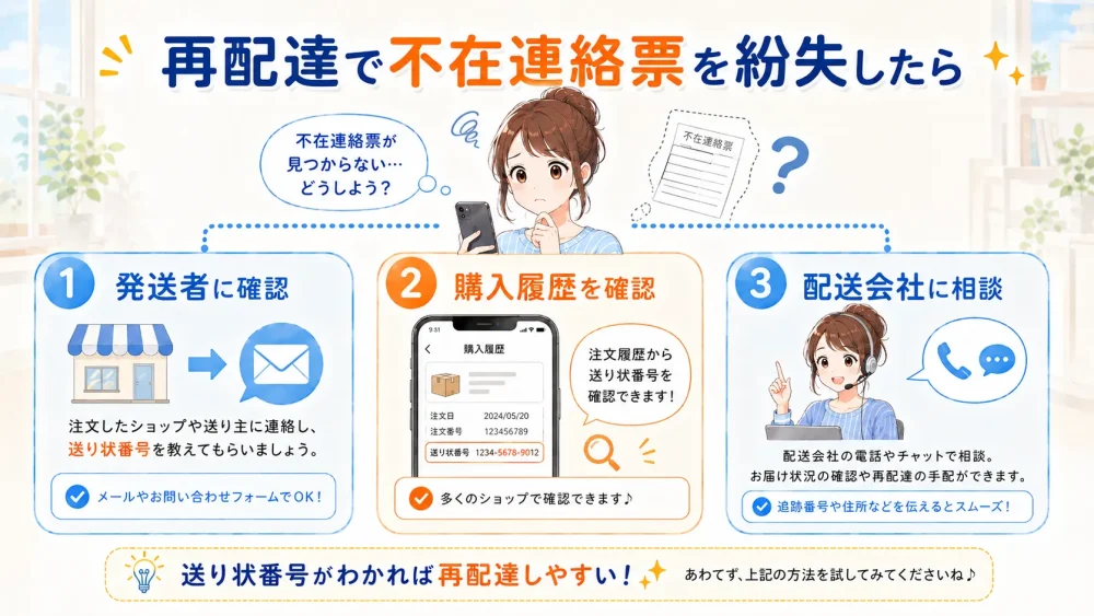 不在連絡票を紛失した時に発送者や購入履歴、配送会社へ確認する手順の図解