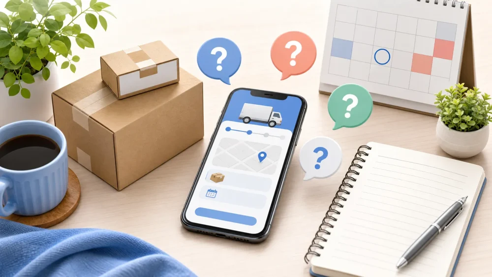 スマホと荷物を見ながら再配達の疑問を整理するイメージ