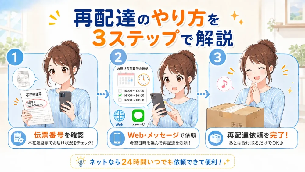 不在連絡票の伝票番号確認からWeb依頼、荷物受け取りまでの再配達3ステップ図解