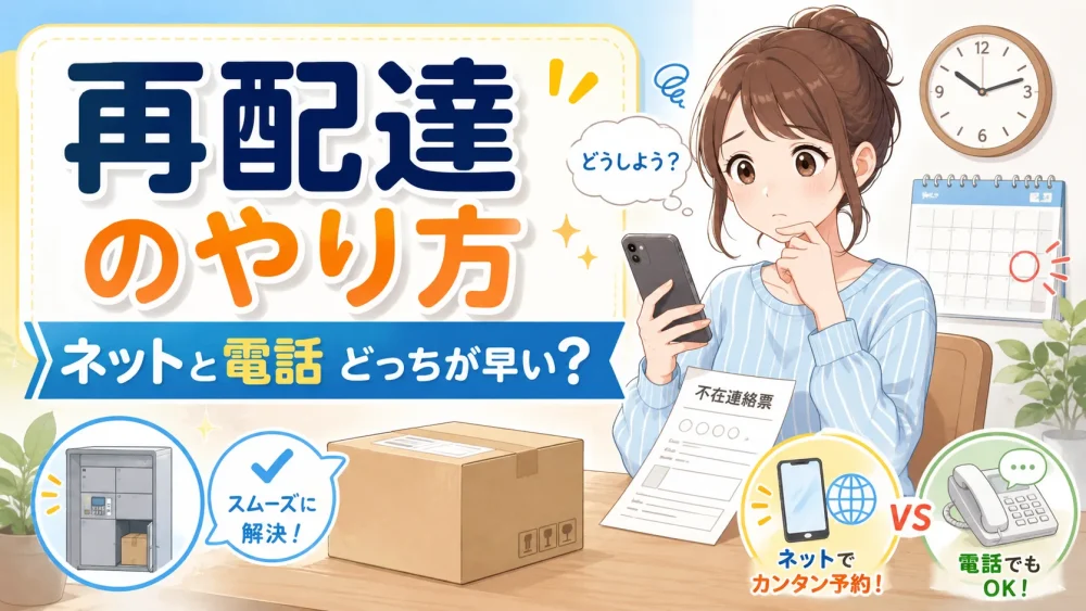 再配達のやり方をスマホと電話で比較する女性と不在連絡票のイメージ