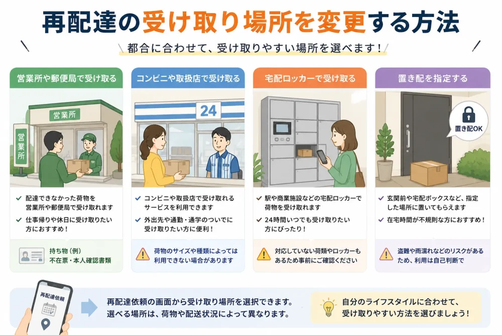 営業所・コンビニ・宅配ロッカー・置き配など受け取り場所変更の選択肢を示す図解