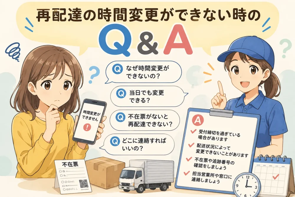 再配達の時間変更ができない時の疑問をQ&A形式で確認する女性と配達員のアニメイラスト