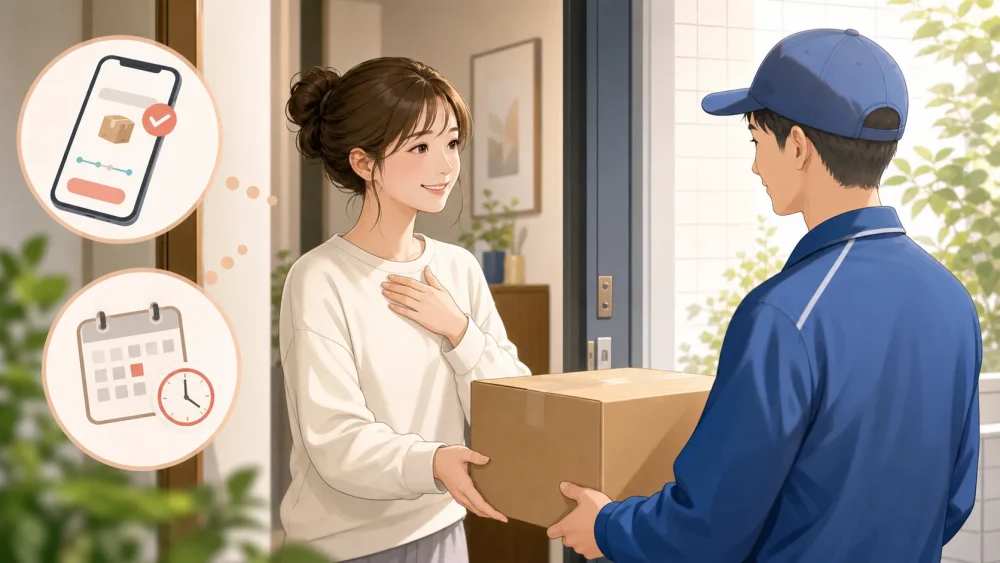 再配達の荷物を受け取り感謝を伝える住人と配達員のイメージ