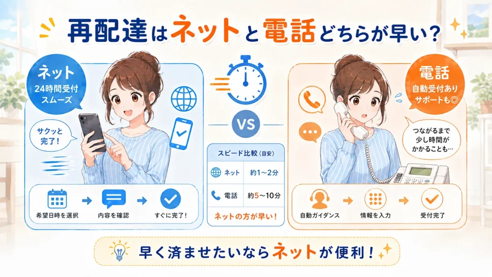 再配達依頼をネットと電話で比較しスマホ操作と電話受付の違いを示す図解