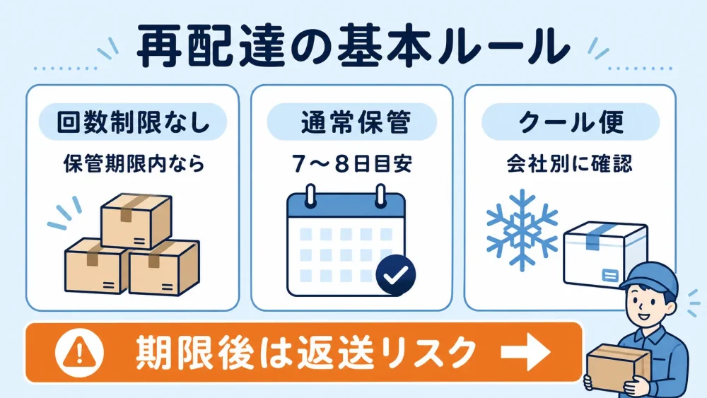 再配達の回数制限や保管期限、クール便の確認ポイントをまとめた図解