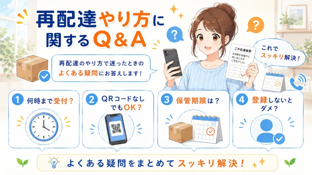 再配達の受付時間やQRコードなしの依頼、保管期限などの疑問をまとめたQ&A図解