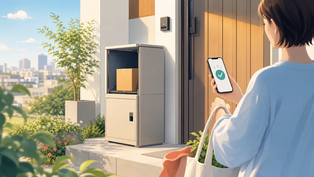 宅配ボックスで荷物を受け取り安心する玄関先のイメージ
