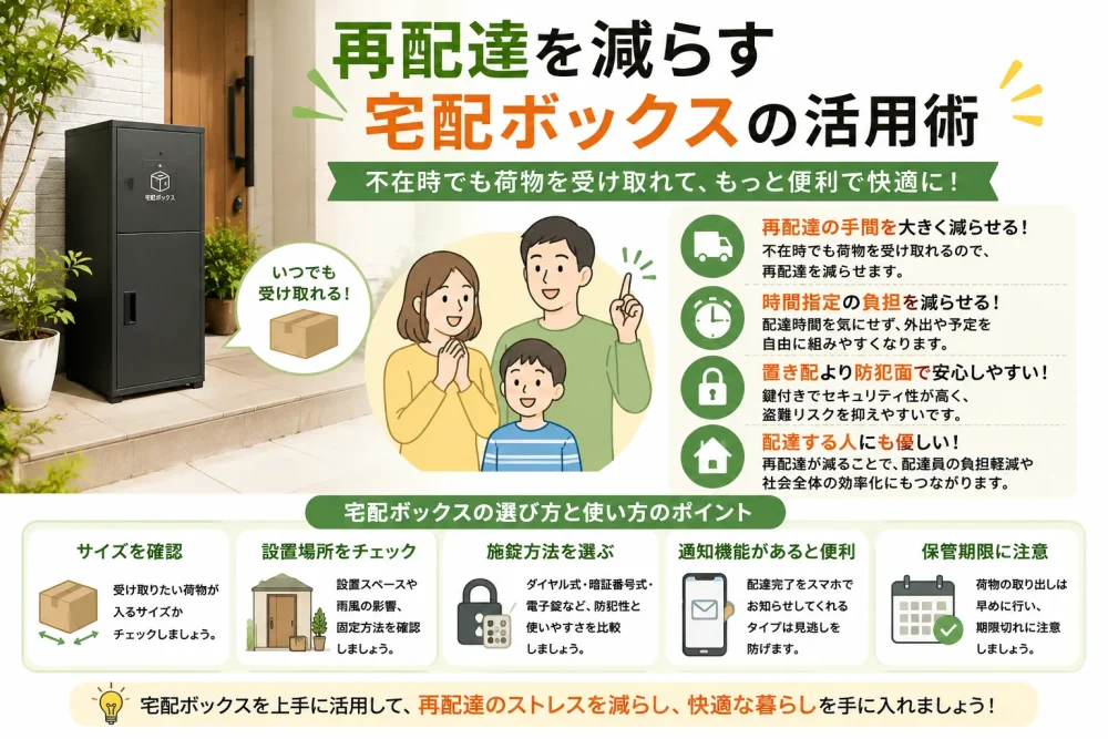 宅配ボックスを活用して再配達を減らす方法を説明するイメージ