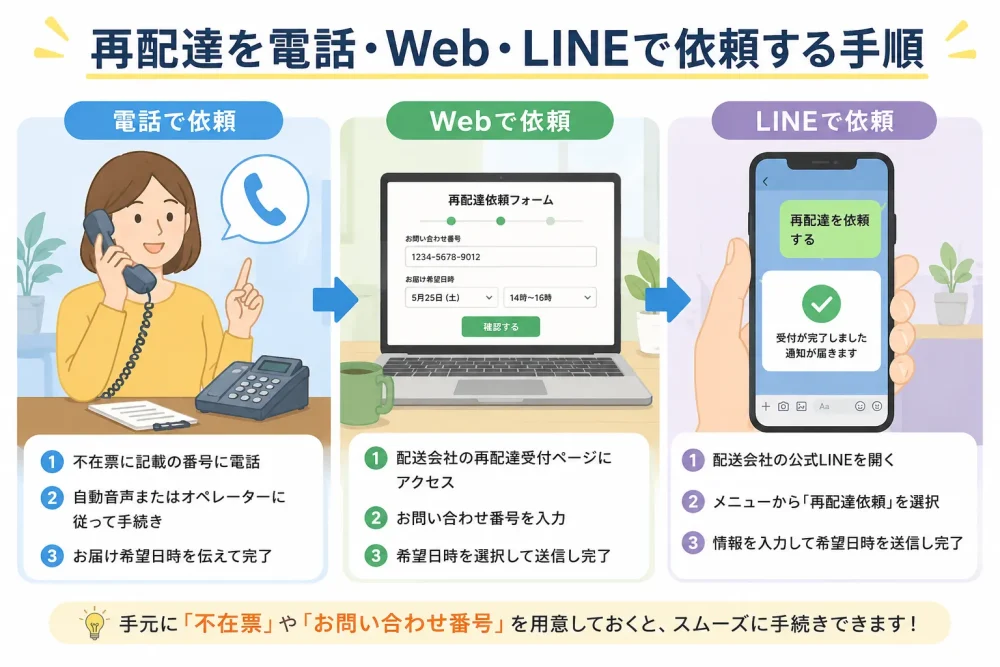 電話・Web・LINEで再配達を依頼する3つの方法を比較した図解
