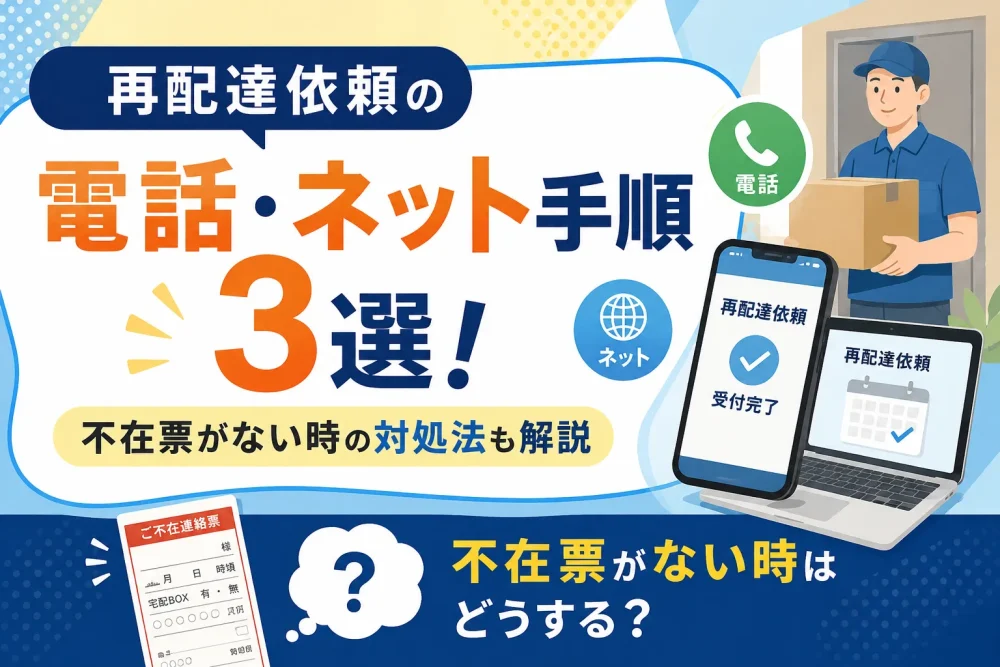 再配達依頼の電話・ネット手順と不在票がない時の対処法を解説するイメージ