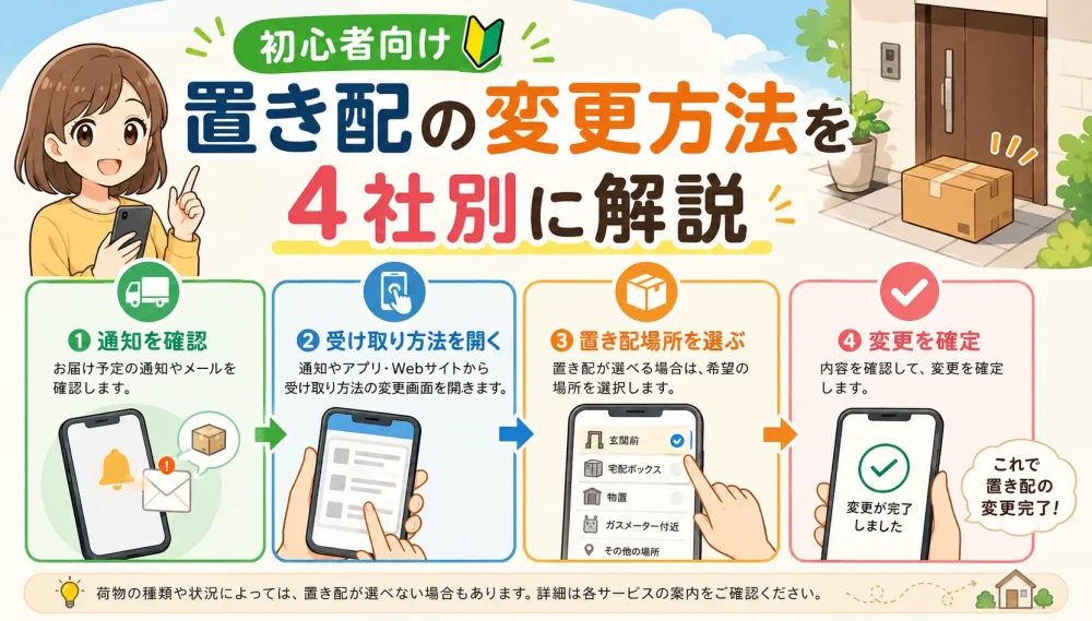 初心者向けに置き配の変更方法をスマホ操作で解説するアニメイラスト