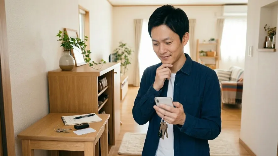自宅玄関で合鍵の作成場所を調べる日本人男性