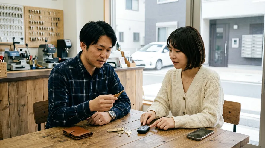 合鍵をどこで作るか比較する日本人男女と複数の鍵
