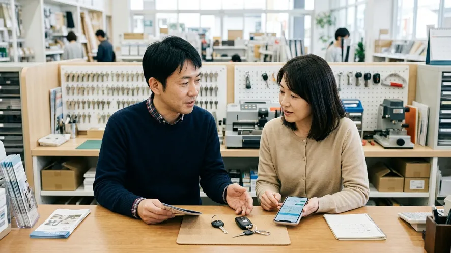 合鍵を作る場所を比較する日本人男女と鍵のイメージ