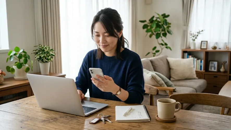 合鍵作成に必要な鍵やカードを準備する日本人女性