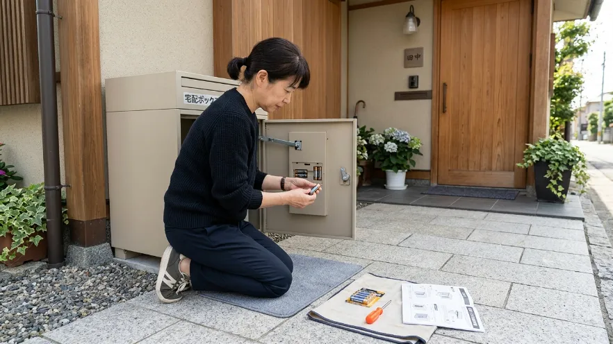 宅配ボックスの扉を開けて乾電池を交換する女性の作業風景