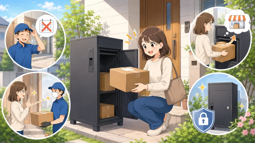 宅配ボックスで再配達削減や非対面受け取りのメリットを表すイラスト