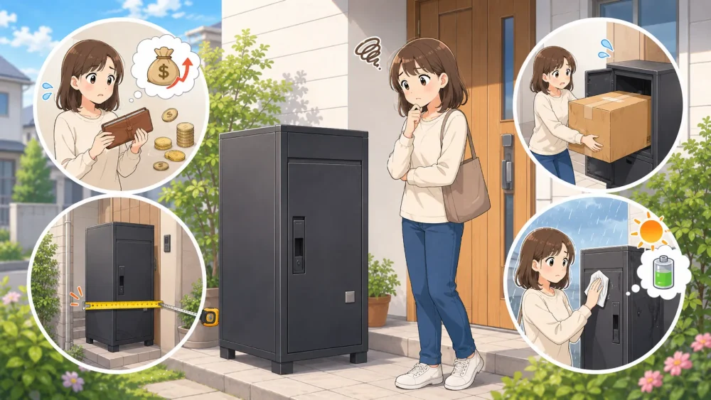 宅配ボックスの費用や設置スペースなどの注意点を考える女性のイラスト