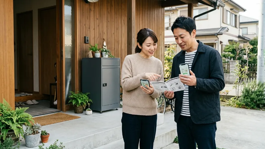 宅配ボックスの前で説明書とスマートフォンを見ながら疑問を確認する日本人男女