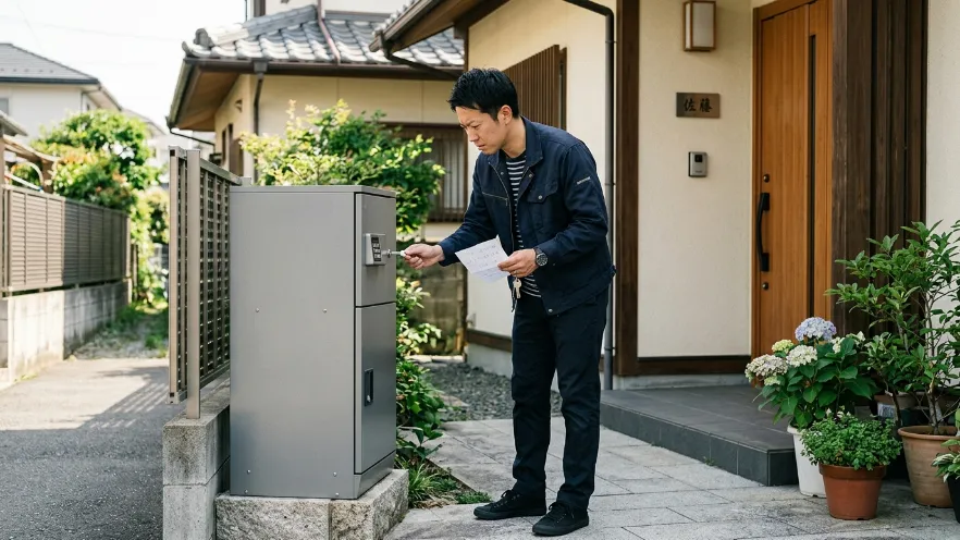 宅配ボックスが開かず非常用キーや操作パネルを確認する日本人男性