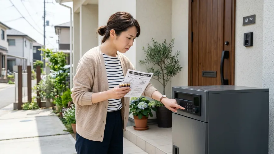宅配ボックスの電池切れで困りながら乾電池と説明書を確認する日本人女性