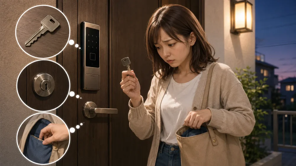家の玄関前で鍵が開かず、鍵や鍵穴を確認している女性