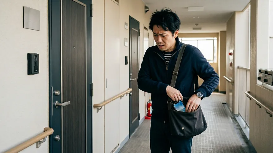 家の鍵を忘れて玄関前で困っている日本人男性