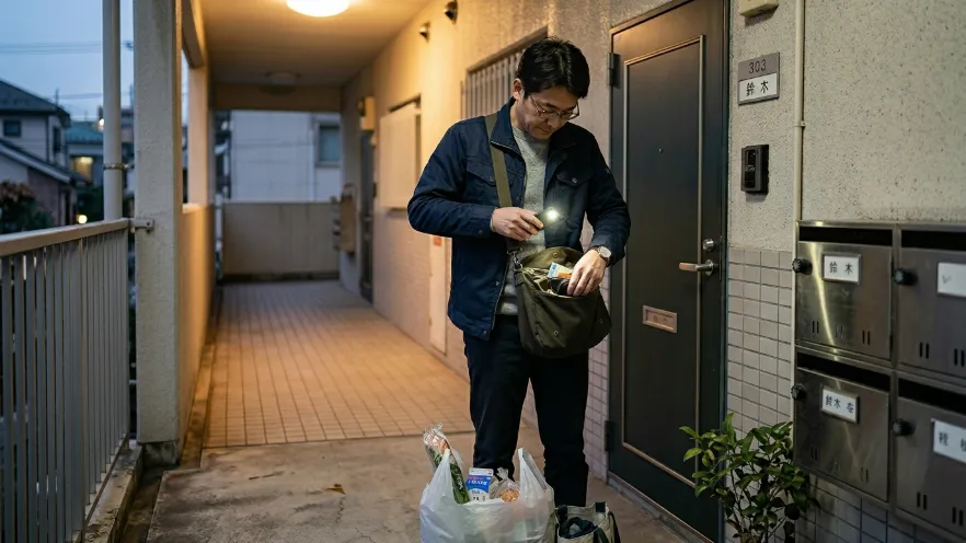 玄関前でバッグやポケットを確認する日本人男性