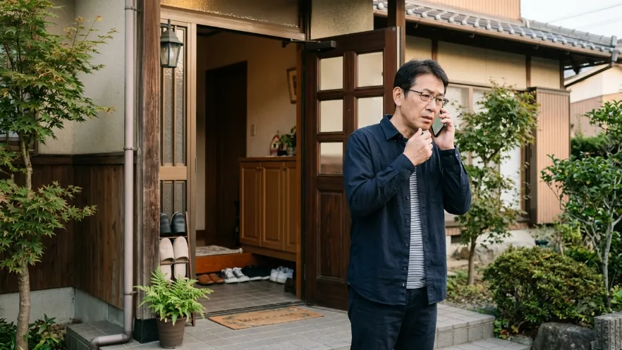 玄関前でスマートフォンを使って相談する日本人男性
