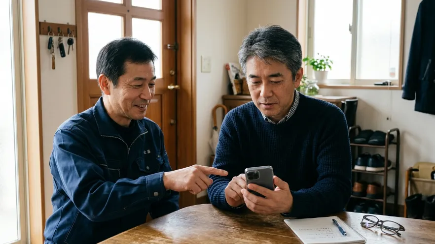 スマートフォンで鍵業者の見積もりを確認する日本人男性