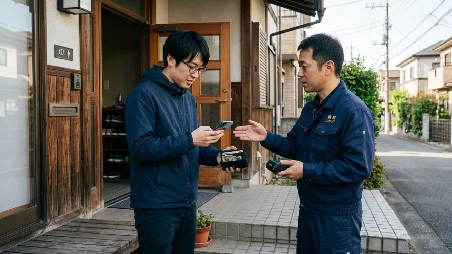玄関先で支払い方法を相談する日本人男性と鍵業者