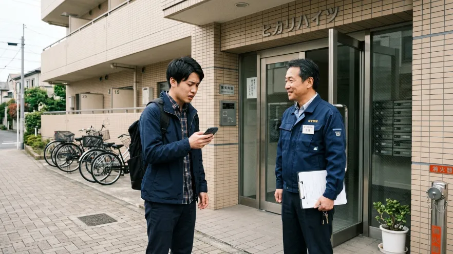 玄関前で本人確認について相談する日本人男性