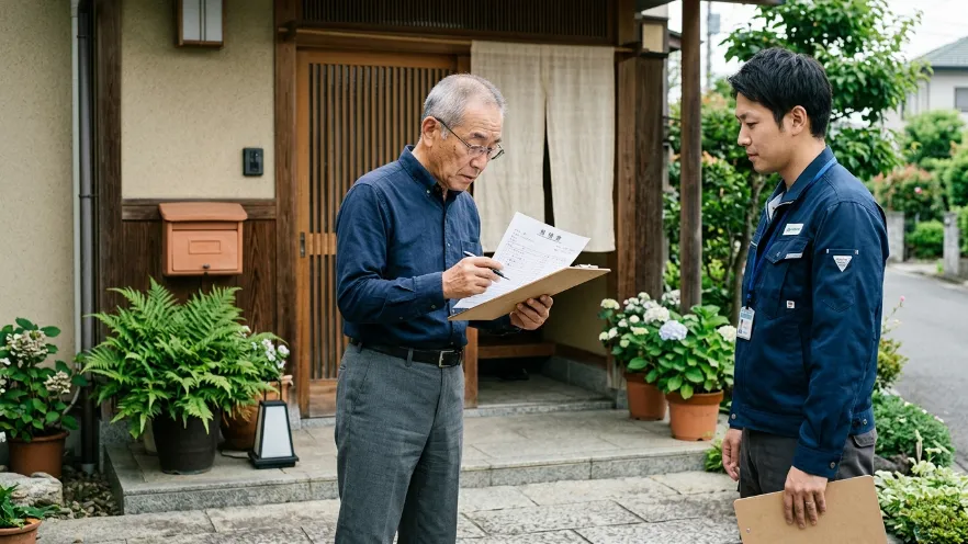 玄関前で作業前の見積もり書類を確認する日本人男性
