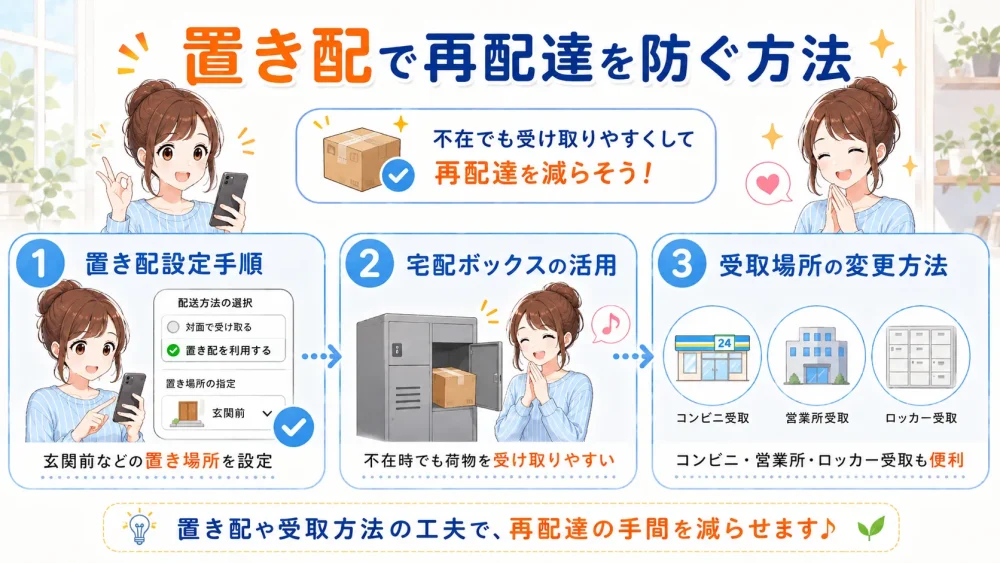 置き配設定や宅配ボックス、受取場所変更で再配達を防ぐ方法の図解