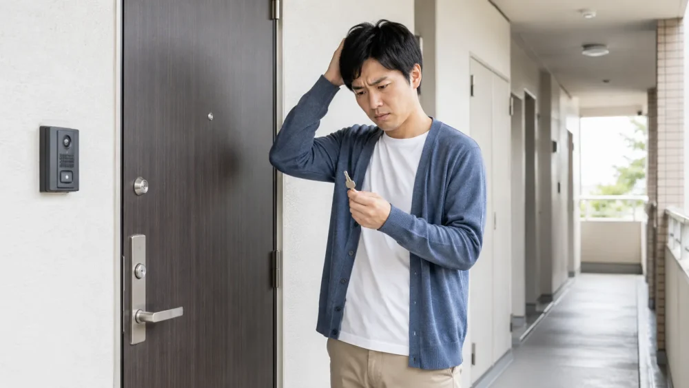 玄関前で鍵が開かず対処法を考えている男性